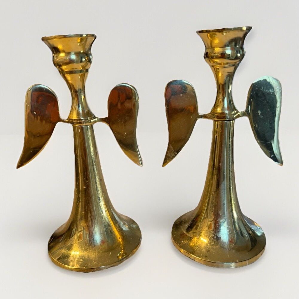 Vintage Hampton‎ Brass Angel Wings Candle Stick Holders MCM 4.5” Set of 2